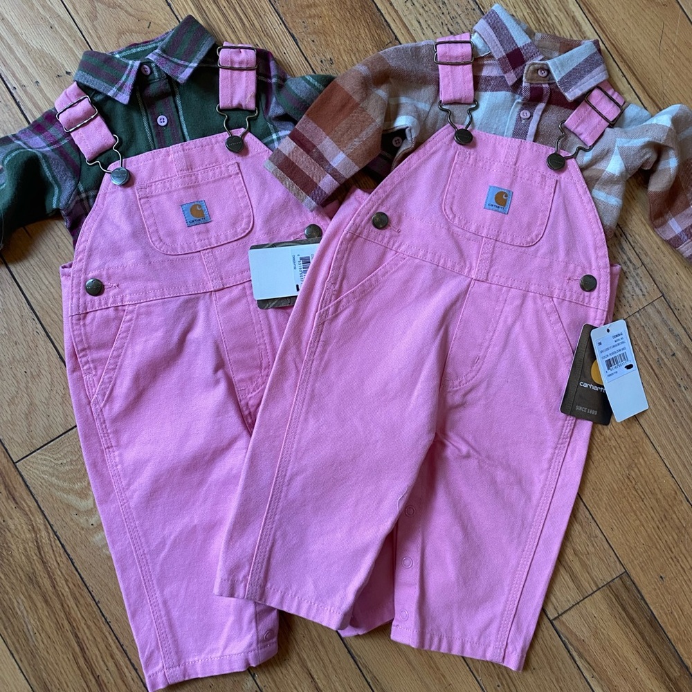 NWT carhartt bibs with plaid onesie.